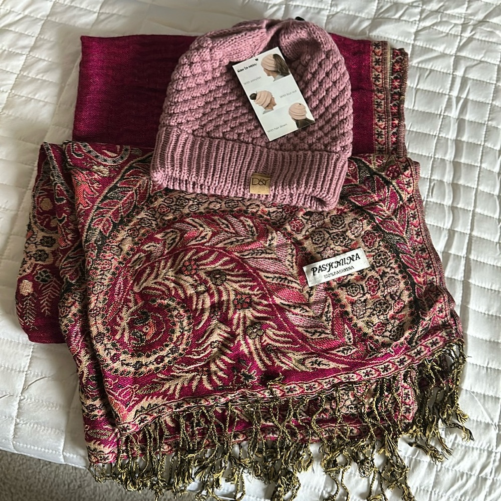 Ponytail Beanie and Pashmina shawl